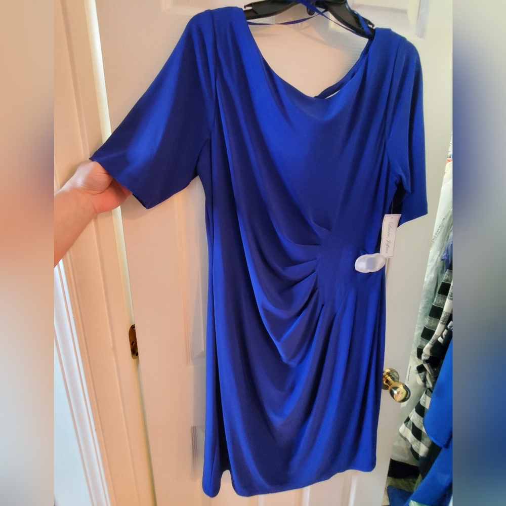 NWT Laura Jeffries Women's 18 Elegant Blue Stretch Knit Buckle Dress Half Sleeve